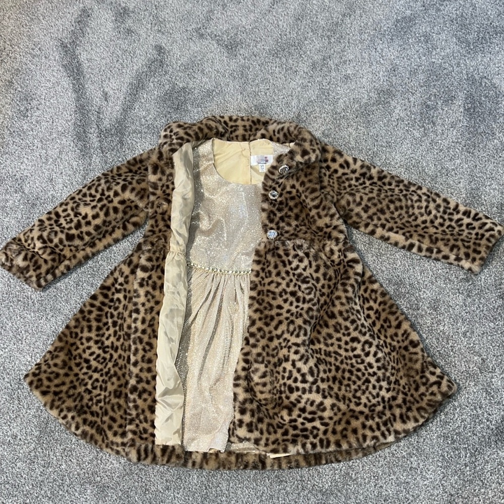 Leopard faux fur fashion jacket with matching glitter dress 3T
